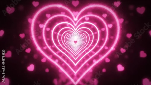 Glowing neon pink heart tunnel abstract background with bokeh hearts romantic celebration love