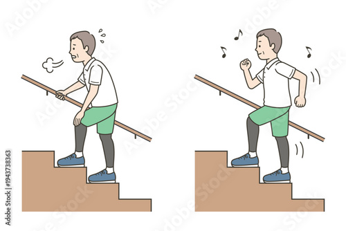 元気に階段を上るミドル世代の男性と辛そうな男性のイラスト

