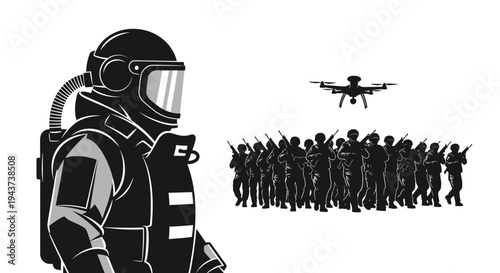 Soldier in Hazmat Suit Oversees Drone and Military Troop Formation