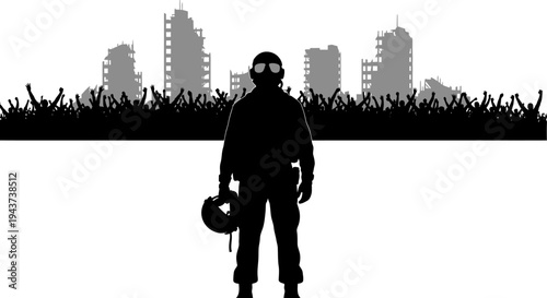 Soldier in Gas Mask with Riot Crowd and Ruined City Silhouette