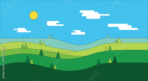 A colorful landscape illustration featuring stylized hills, sun and clouds