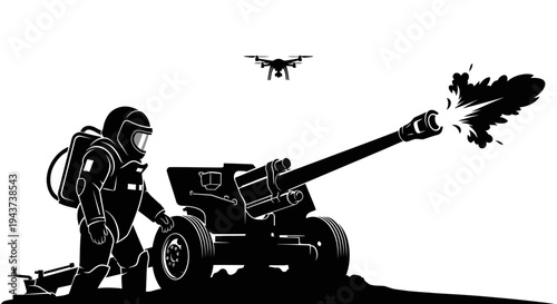 Soldier in Hazmat Suit Fires Cannon, Drone Overhead, Military Technology Concept