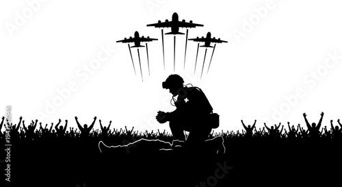 Soldier Kneeling by Fallen Comrade as Planes Fly Over, Silhouette of Victory and Sacrifice