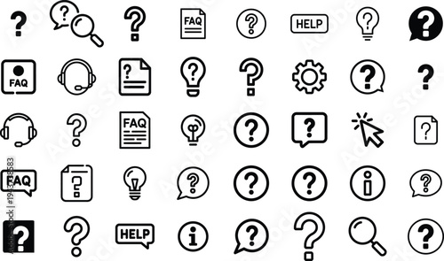 Question and information icons: question mark, faq, lightbulb, help, faq icon, magnifying glass icon