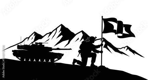 Soldier Planting Flag on Mountain Summit Next to Tank, Military Victory Concept