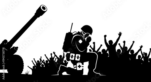 Soldier Praying Kneeling with Crowd and Cannon Silhouette