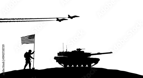 Soldier Raising American Flag Beside Tank with Fighter Jets Flying Overhead