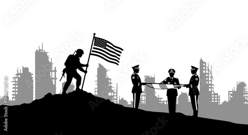 Soldier Raises American Flag Over Ruined City Silhouette, Symbol of Hope and Resilience