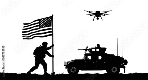 Soldier Raising American Flag with Drone and Humvee Silhouette