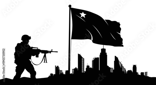 Soldier Standing Guard Over Ruined Cityscape Under Waving Flag