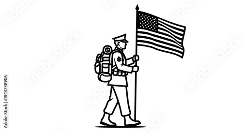 Soldier Walking with American Flag and Backpack, Military Service, Patriotism, Freedom
