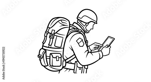 Soldier with Backpack Using Tablet in Military Operation