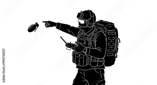 Soldier with backpack throwing grenade and controlling drone with remote