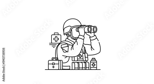 Soldier with binoculars and medical supplies, military medic, first aid, observation, healthcare concept