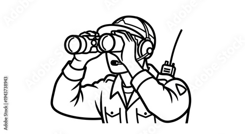 Soldier with binoculars and radio, looking through binoculars, military communication