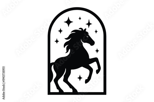 A black silhouette of a rearing horse within a starry arched frame