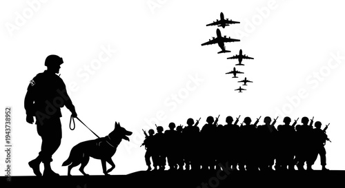 Soldier with Dog and Airplanes Formation - Military Silhouette