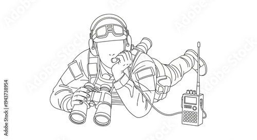 Soldier with binoculars and radio, tactical operations, night vision, surveillance, military communication