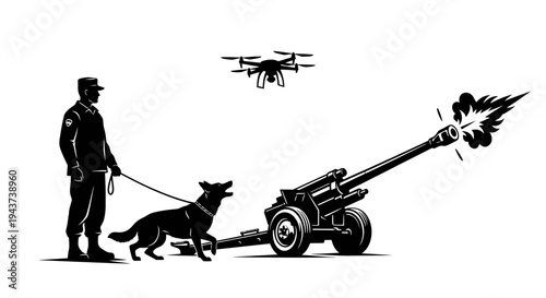 Soldier with dog and drone overseeing artillery firing, military technology concept