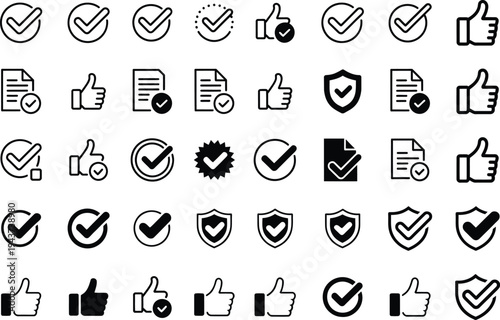 Collection of check mark and thumbs up icons for approval and success with approval with thumbs up