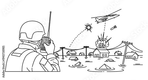 Soldier with radio in flooded city under aerial attack, war disaster