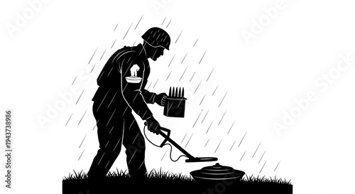 Soldier with metal detector searching for landmines in the rain, military operation
