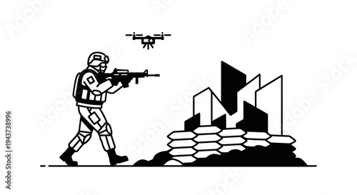 Soldier with rifle and drone in combat zone with sandbags and destroyed buildings