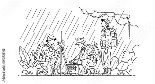 Surveyors in rain, setting up equipment for land measurement in jungle