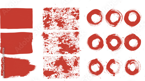 Grid of nine red paint and ink textures including brush strokes, distressed rectangles, and circular enso-style artistic designs