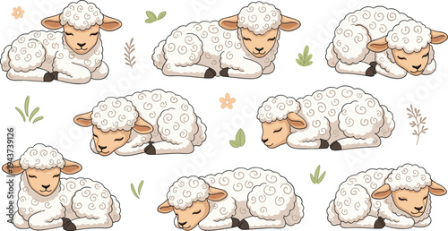 Cute Sleeping Lamb Cartoon Character Set Featuring Fluffy Baby Sheep Resting in Peaceful Poses for Kids Nursery, Farm Theme, and Children Illustration