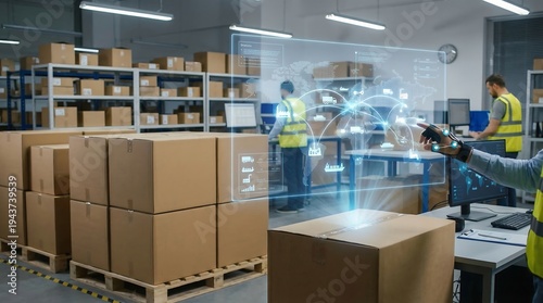 Modern warehouse logistics management with augmented reality overlay showing interconnected network of goods and data flow