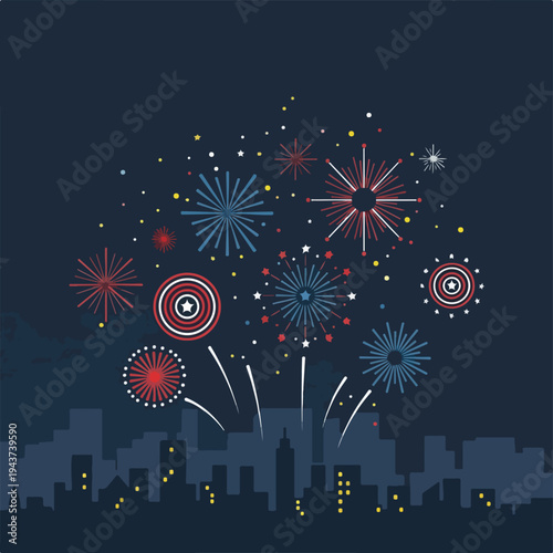 A cityscape silhouetted against a dark blue sky with exploding fireworks
