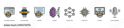 AI Agent Icon Set. Icon set includes Ai Chatbot Interface, Nlp Processor, Chatbot, Ai Brain, Neural Core, Smart Chip, Ai Robot, Voice Command.