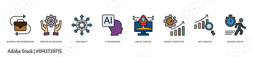 Business Transformation Icon Set. Icon set includes Business Transformation, Process Automation, Scalability, Ai Integration, Digital Startup, Market Disruption, Data Analysis, Business Agility.
