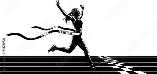 Woman runner crossing the finish line. Silhouette of athletic looking female runner running. Transparent background EPS file.
