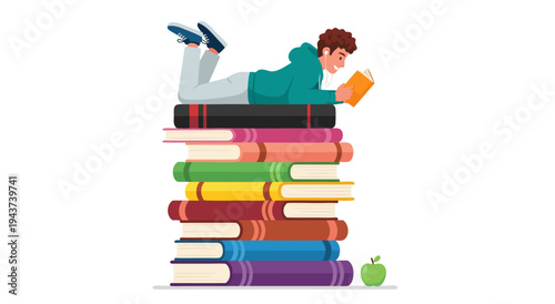 Vector illustration of a young man lying on a pile of books reading an orange book, a green apple on the side
