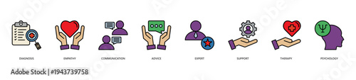 Counseling Icon Set. Icon set includes Diagnosis, Empathy, Communication, Advice, Expert, Support, Therapy, Psychology.