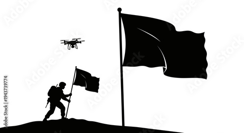 Soldier with Drone and Flag on Hilltop, Symbolizing Victory and Modern Warfare