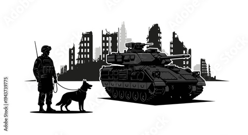 Soldier with Dog and Tank in Ruined City