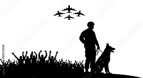 Soldier With Dog, Crowd Cheering, Airplanes Fly Over - Silhouette
