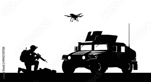 Soldier with Drone and Military Vehicle Silhouette