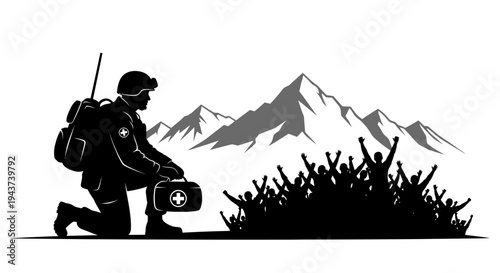 Soldier with First Aid Kit Kneeling Near Cheering Crowd Against Mountain Background
