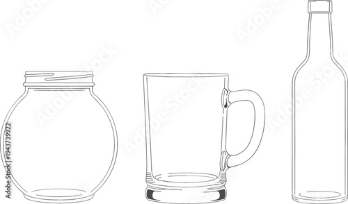 Glass Container Line Art Set Featuring Jar, Beer Mug, and Bottle Outline for Beverage Packaging, Kitchenware, and Drink Illustration Design
