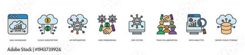 SaaS Startup System Icon Set. Icon set includes Saas Dashboard, Cloud Subscription, Api Integration, User Onboarding, Crm System, Data Analytics, Server Cloud Storage.