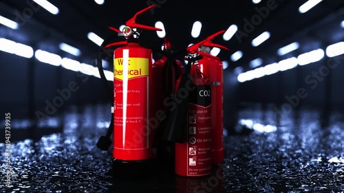 Red Fire Extinguishers with Reflective Surfaces in Industrial Setting Wet Chemical, Foam, and CO2 Types for Safety and Emergency Preparedness Equipment Protection