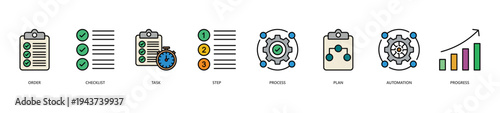 Workflow Icon Set. Icon set includes Order, Checklist, Task, Step, Process, Plan, Automation, Progress.