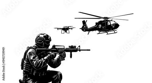 Soldier with Rifle and Drones, Helicopter Overhead - Modern Warfare and Surveillance
