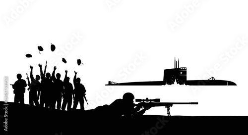 Soldier with sniper rifle aims at submarine, soldiers celebrate victory, throwing hats in air