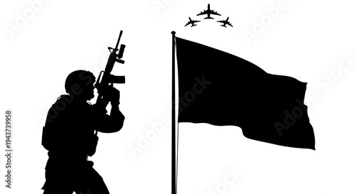 Soldier with Rifle, Black Flag, Fighter Jets Flying Overhead, Military Concept