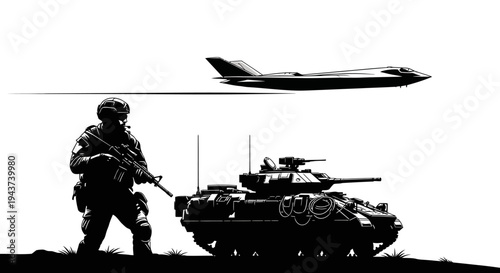Soldier, Armored Vehicle, and Jet Fighter in Silhouette - Military Power